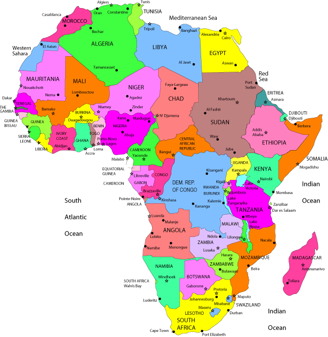 Colorful Political Map of Africa with Country Names and Capitals